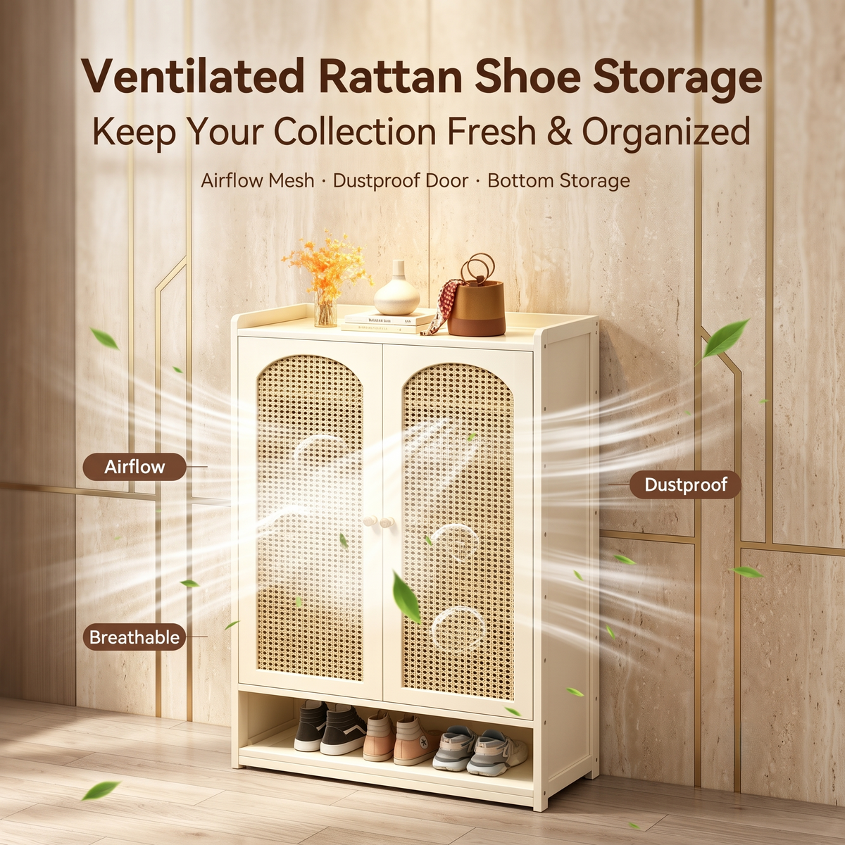 Rattan Door Wooden Shoe Storage Cabinet