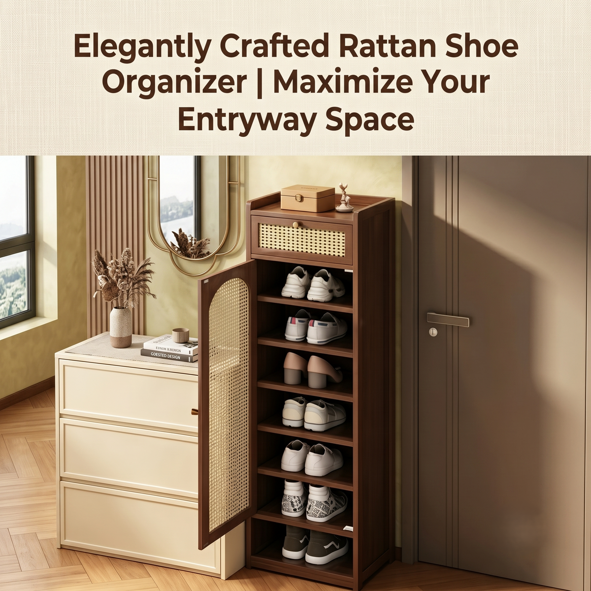Rattan Door Wooden Shoe Storage Cabinet