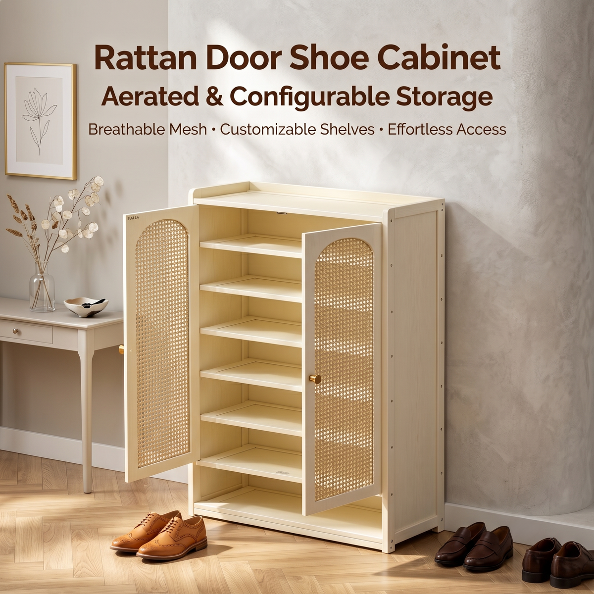 Rattan Door Wooden Shoe Storage Cabinet